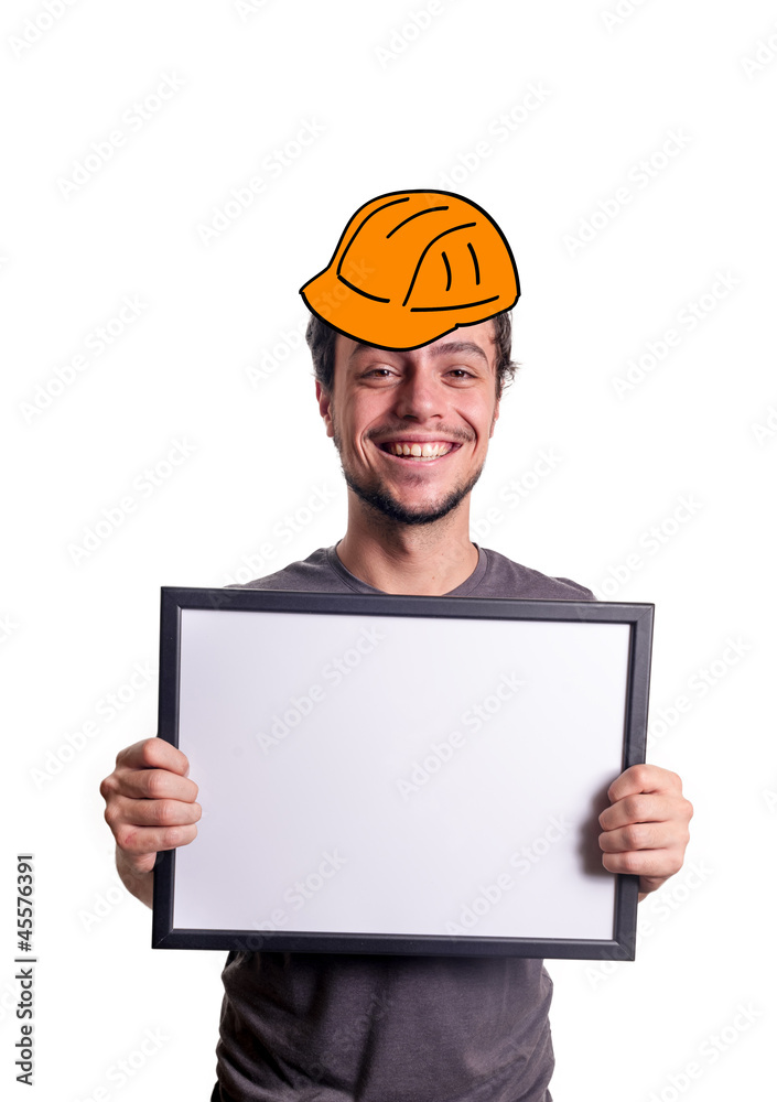 fanny smiling guy showing sign with helmet worker fanny smiling guy showing sign with helmet worker