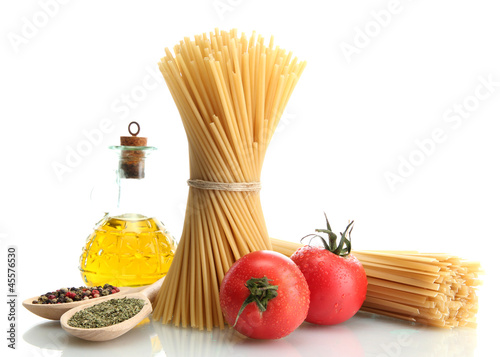 Pasta spaghetti, tomatoes and oil, isolated on white
