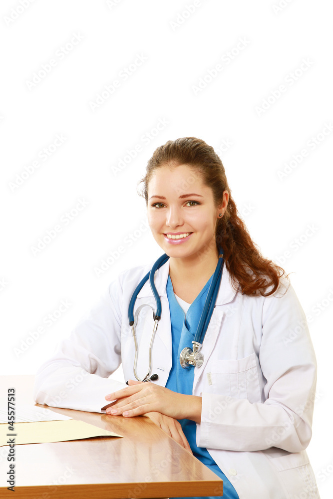 A female doctor working, isolated on white A female doctor working, isolated on white