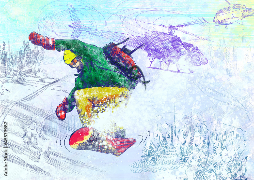 Fototapeta premium Winter sports - Paramedic snowboarding (original drawing)