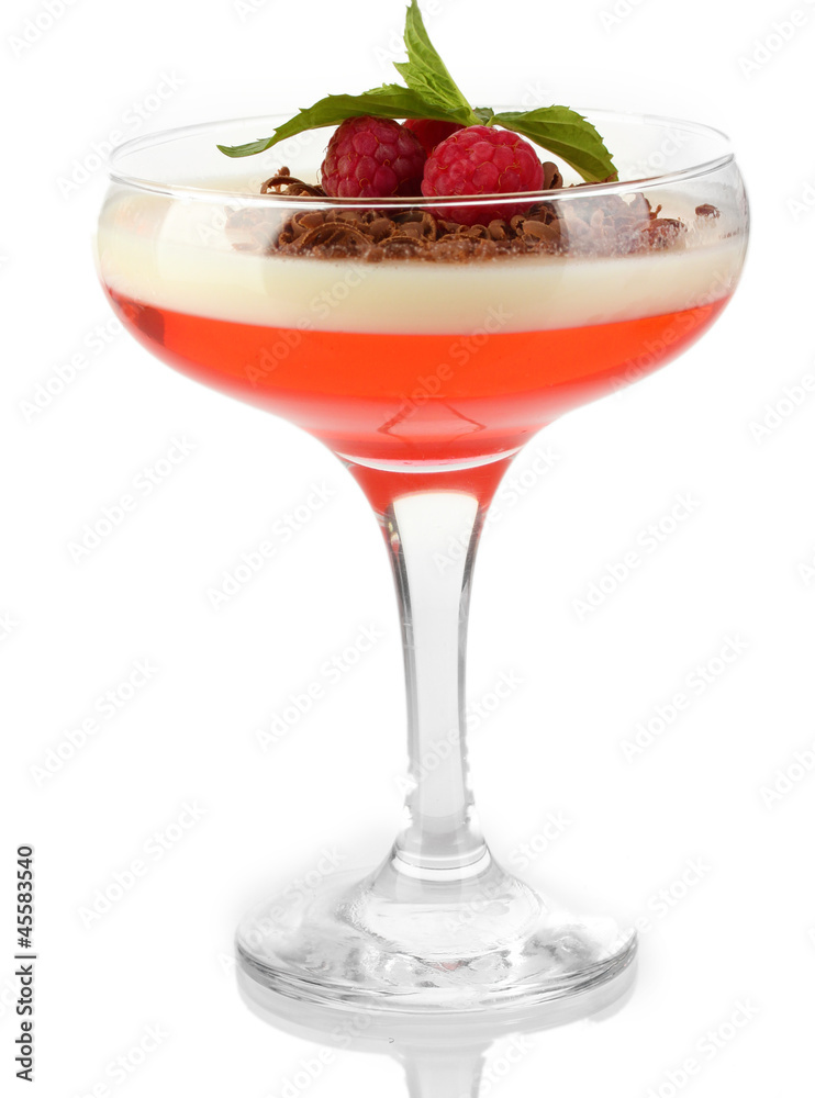 fruit jelly with chocolate and raspberries in glass isolated fruit jelly with chocolate and raspberries in glass isolated