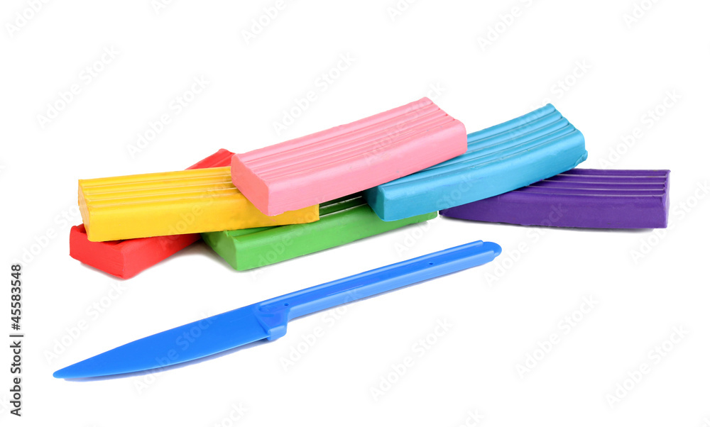 Children bright plasticine with stack isolated on white Children bright plasticine with stack isolated on white