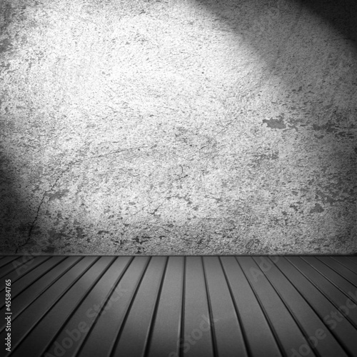 old empty room with wooden floor and white grunge wall