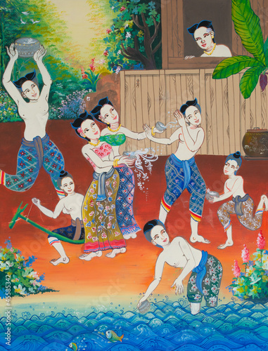 Songkran festival  painting on wall in temple