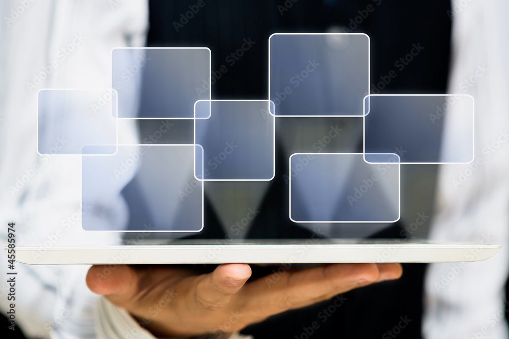 Business hand hold touch screen tablet computer Business hand hold touch screen tablet computer