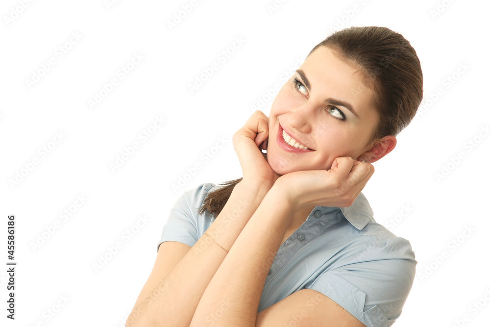 A beautiful woman is thinking and looking upwards A beautiful woman is thinking and looking upwards