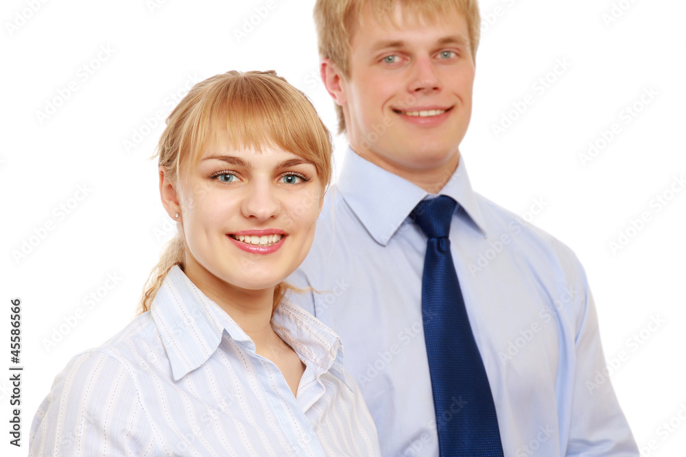 Business people smiling, closeup, isolated on white Business people smiling, closeup, isolated on white