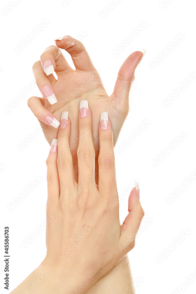 Female hands with a nice manicure, isolated on white Female hands with a nice manicure, isolated on white