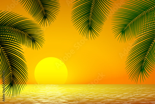 Sunset, sea and palm branch. © spline_x