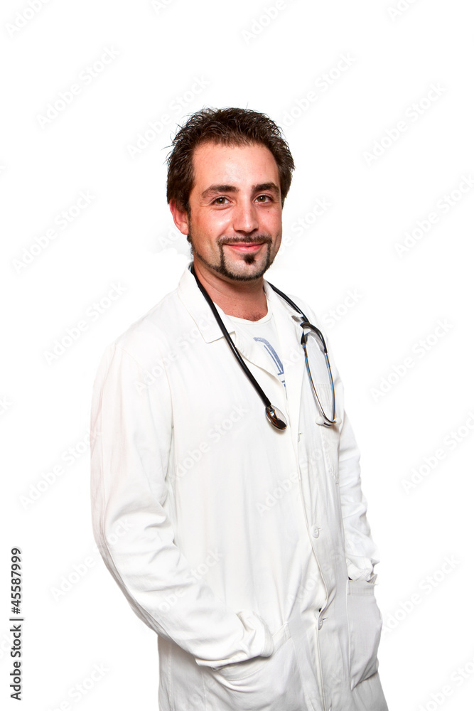Portrait of happy doctor isolated on white background