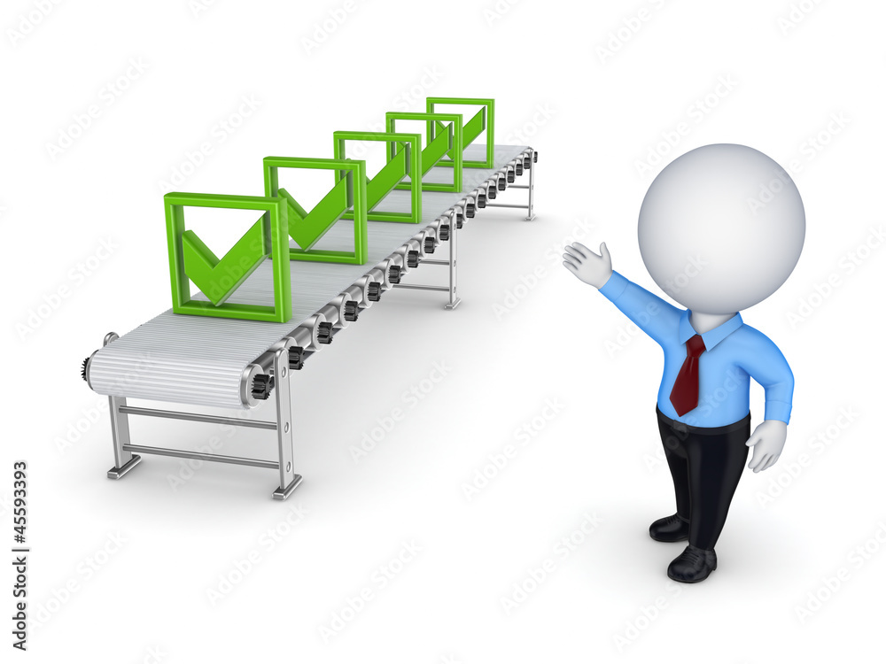 3d small person points to the conveyor with green tick marks. 3d small person points to the conveyor with green tick marks.