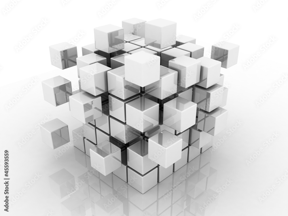 Abstract 3d illustration of cube assembling from blocks