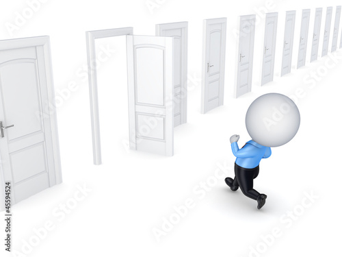 3d small person running through opened door.