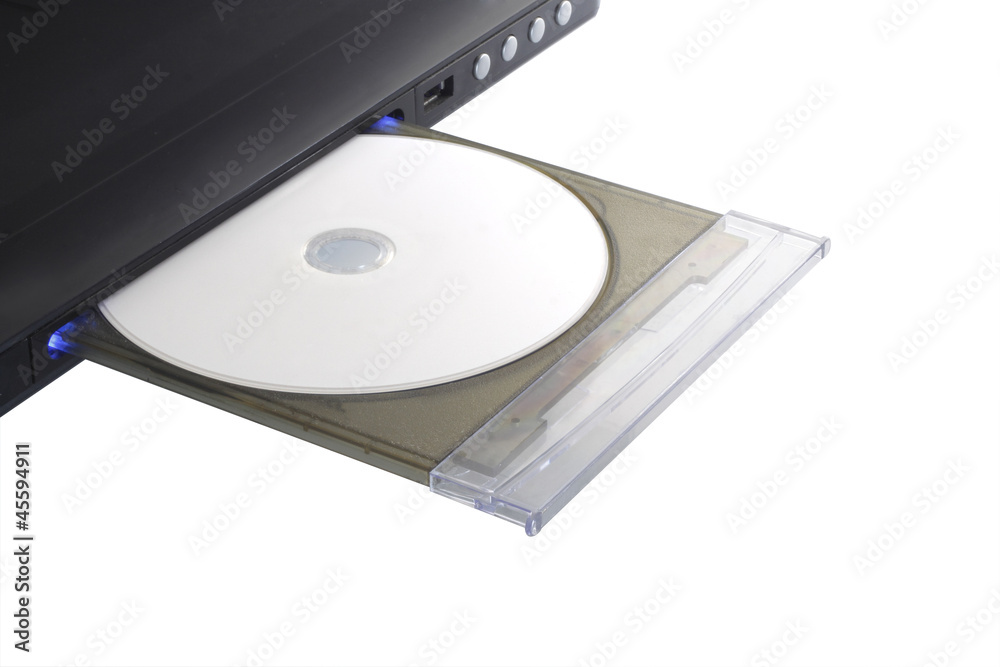 dvd player with disk open tray isolated on white background dvd player with disk open tray isolated on white background