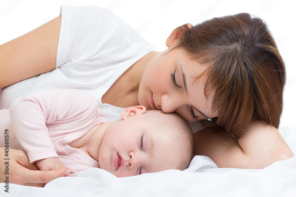 Young mother and her baby sleeping together Young mother and her baby sleeping together