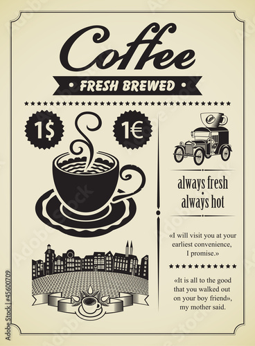 Retro banner with a cup of coffee and a vintage car