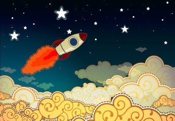 Fototapete Kosmos Cartoon Rakete fliegt zu Sternen  © Black Spring
