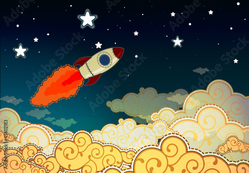 Cartoon rocket flying to the stars