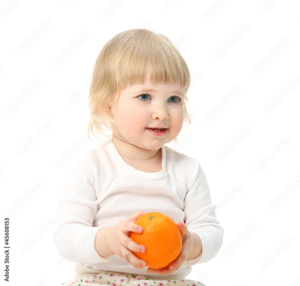 Happy little baby holding orange Happy little baby holding orange