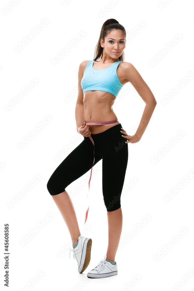 Woman measures her waist with measuring tape, Woman measures her waist with measuring tape,