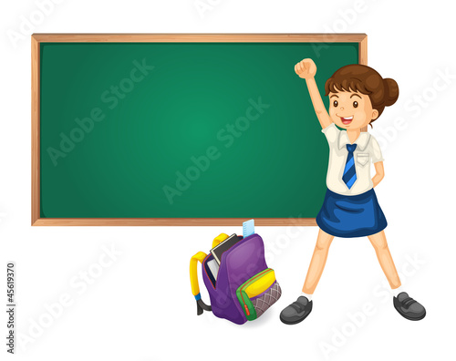 Green board, bag and student
