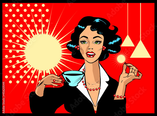 Obraz w ramie Coffee Lover vector poster with woman and cup of coffee in hand,