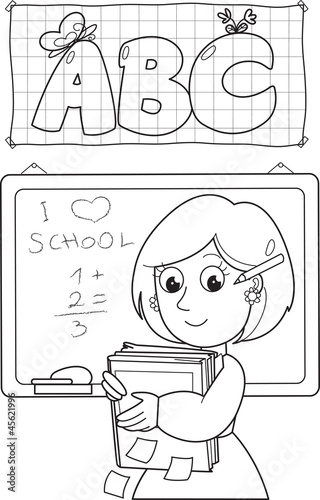 Cartoon coloring school teacher with books and black board