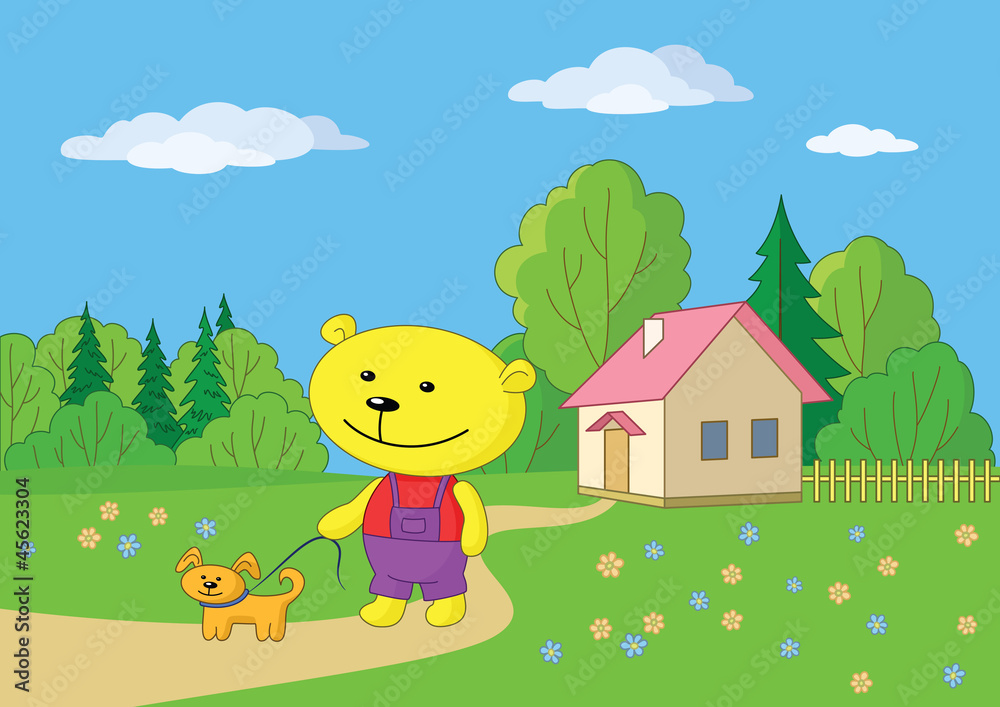 Obraz premium Teddy bear walking with a dog