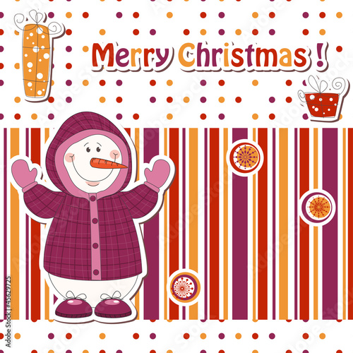 Christmas greeting card with cartoon  snowman
