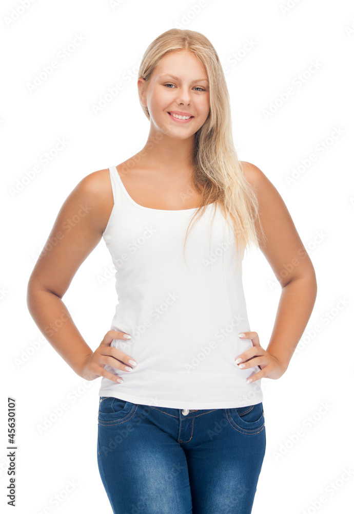smiling teenage girl in blank white t-shirt smiling teenage girl in blank white t-shirt