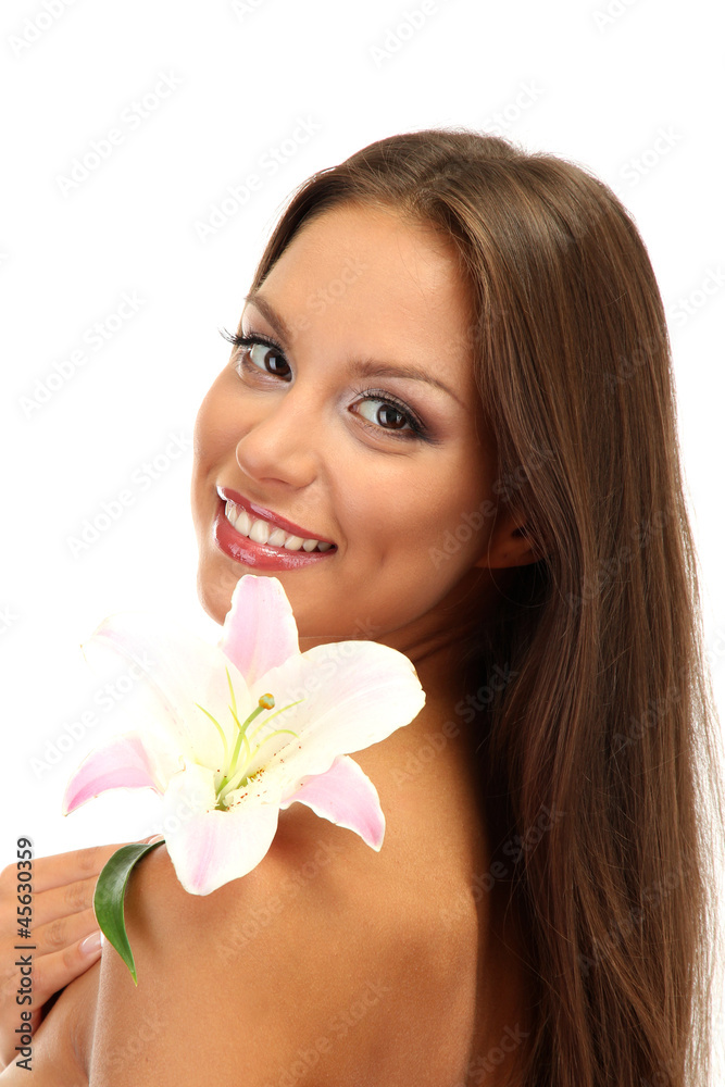 beautiful young woman with lily, isolated on white beautiful young woman with lily, isolated on white