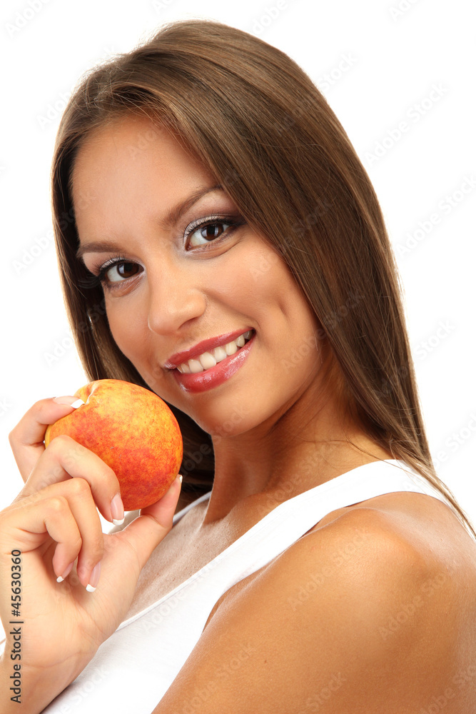 beautiful young woman with peach, isolated on white beautiful young woman with peach, isolated on white