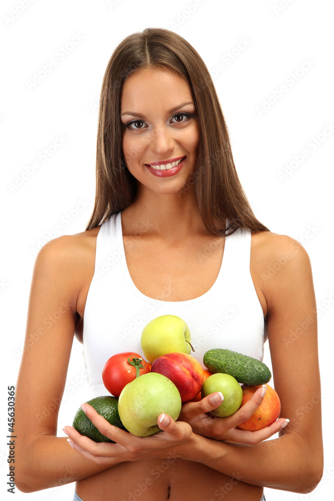beautiful young woman with fruits and vegetables, isolated beautiful young woman with fruits and vegetables, isolated