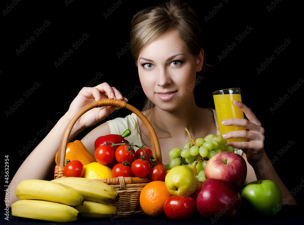 Beautiful girl with fruit and vegetables Beautiful girl with fruit and vegetables