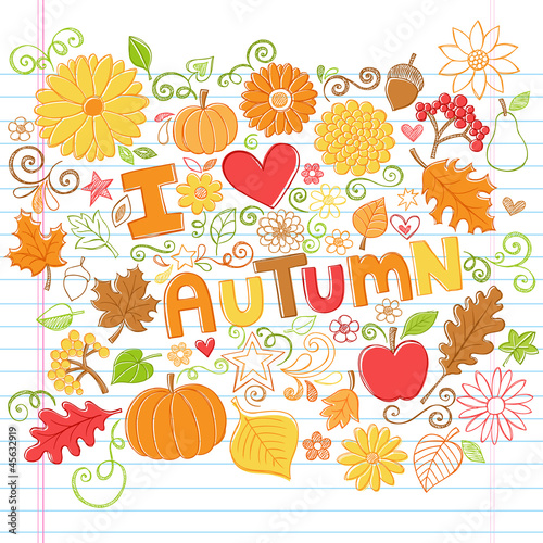 I Love Autumn Fall Leaves Pumpkin Sketchy Doodles Vector