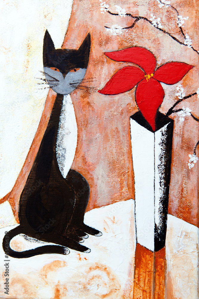 Fototapeta Chat noire avec un fleur