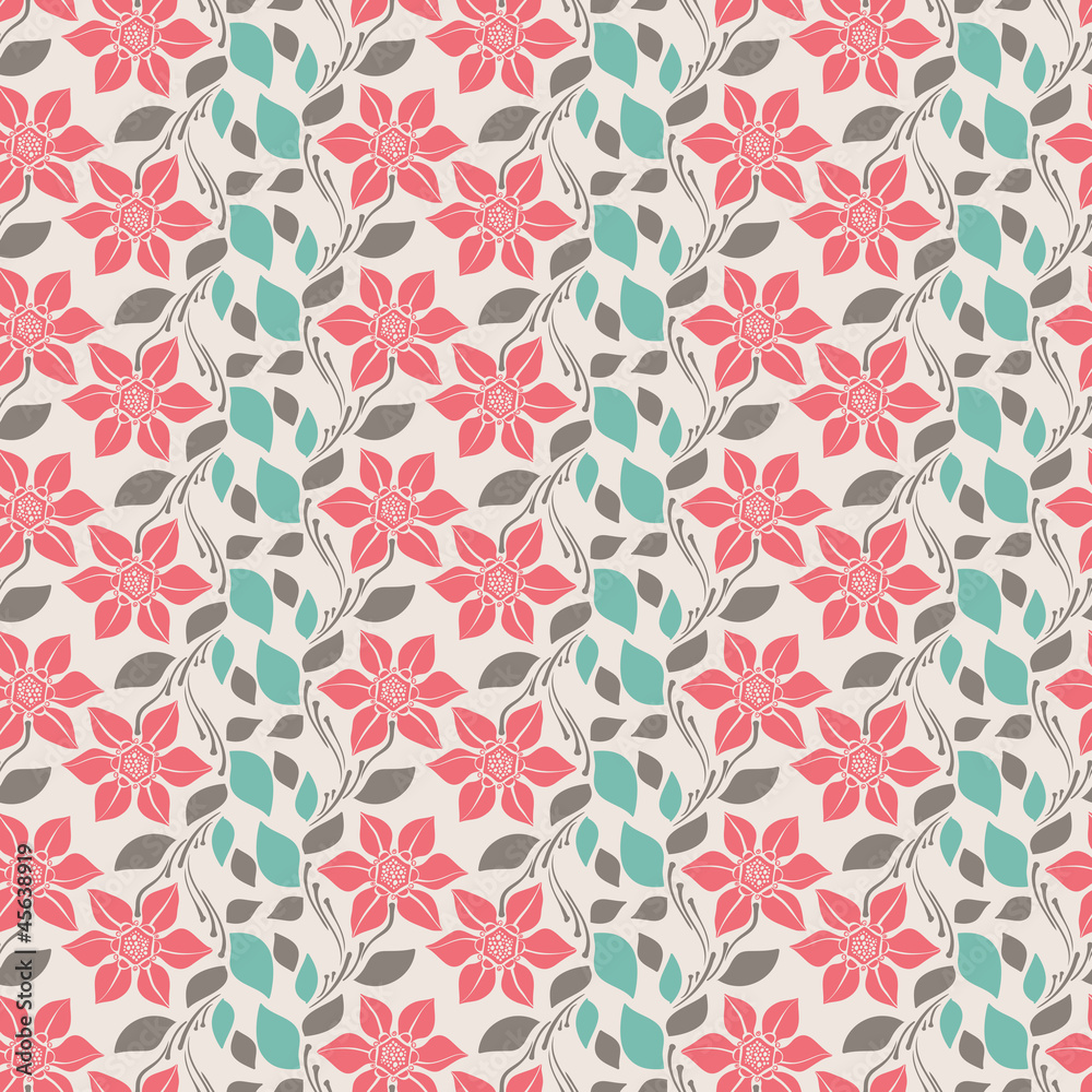 Seamless pattern with pink flowers and blue and brown leafs Seamless pattern with pink flowers and blue and brown leafs
