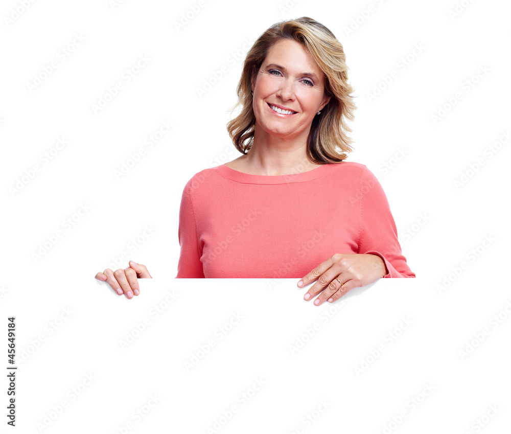 Senior woman with a banner. Senior woman with a banner.