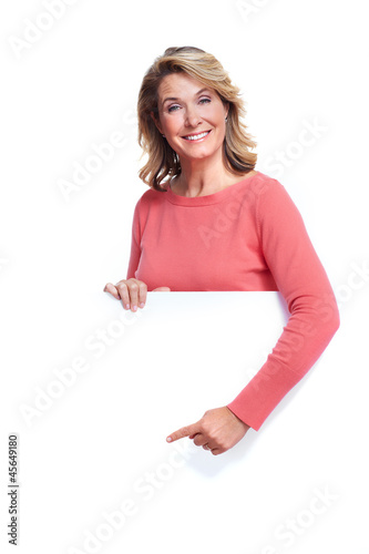 Senior woman with a banner.