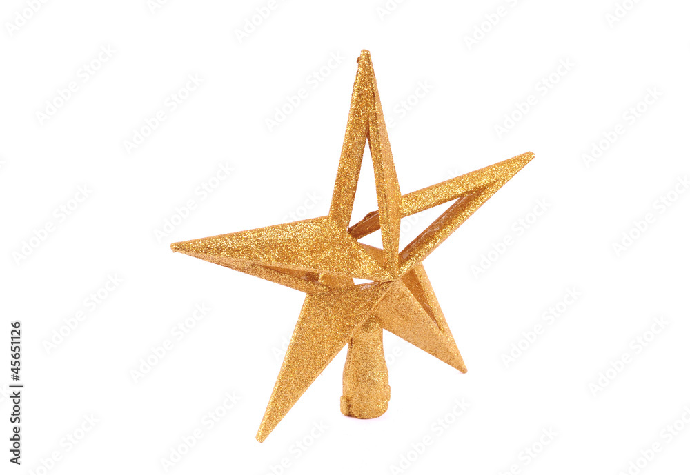 Golden glittering star shaped Christmas ornament isolated on whi Golden glittering star shaped Christmas ornament isolated on whi