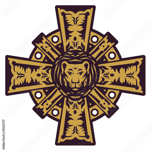 Lion head and iron cross, vector illustration