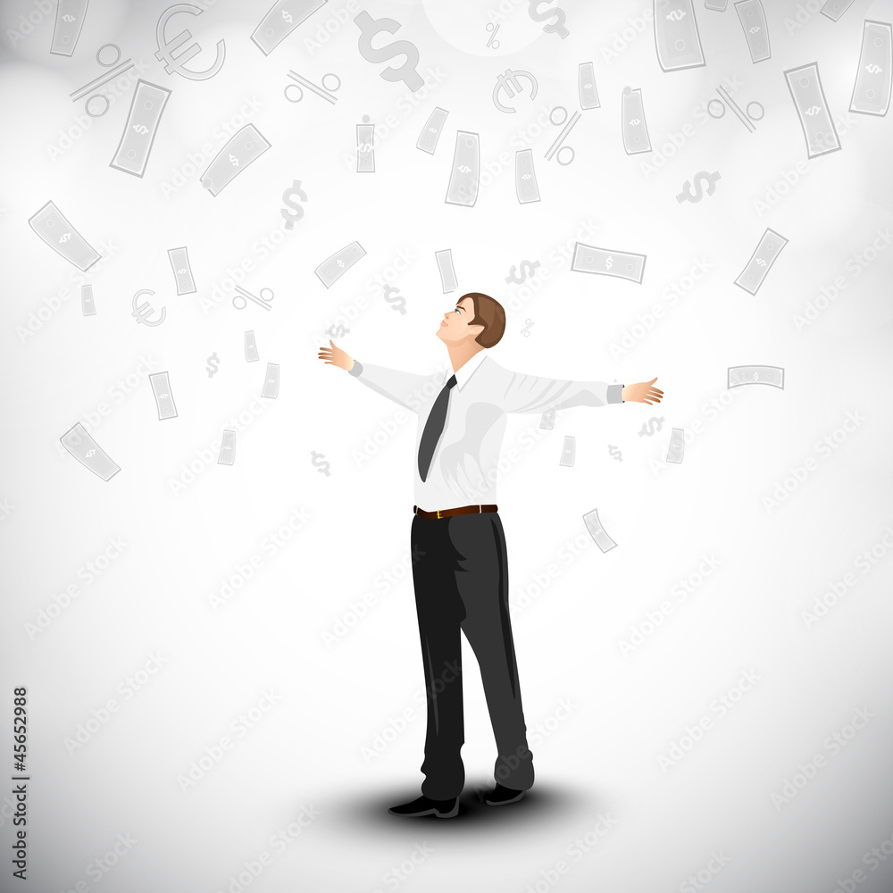 Illustration of business man with celebrate success on money bac