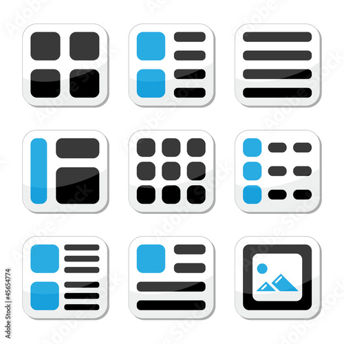 Website display options and photo gallery view icons set
