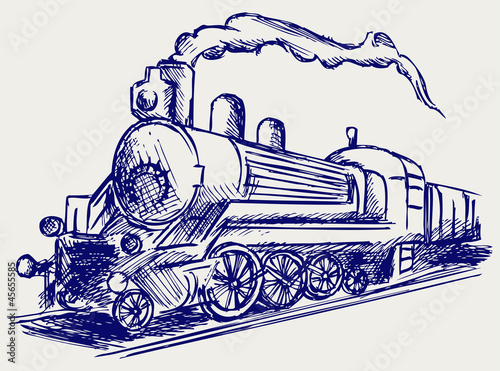 Steam train with smoke. Doodle style