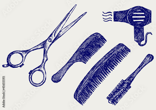 Scissors and Comb for hair. Doodle style