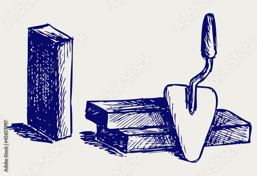Trowel and bricks. Doodle style