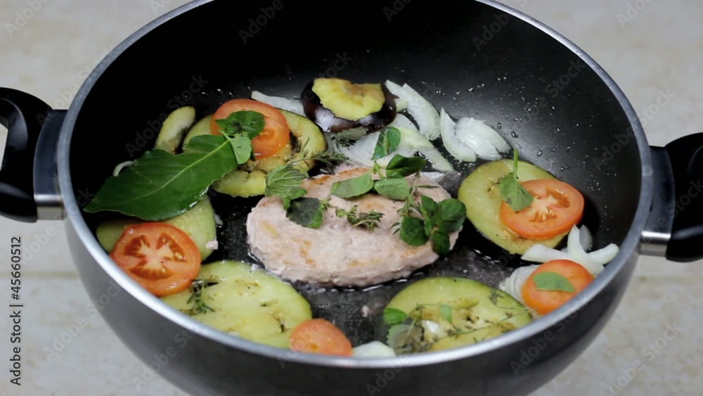 cooking Hamburger with vegetables in the pan cooking Hamburger with vegetables in the pan