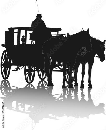 Silhouette of two horses and coach with coachman with reflection