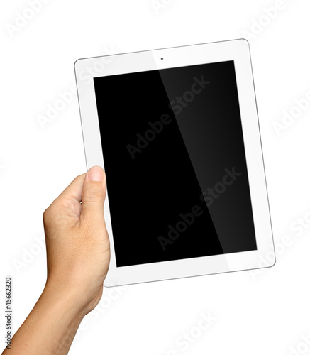 hand holding tablet pc isolated on white background