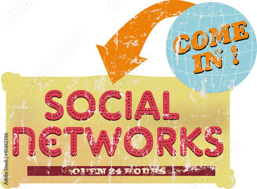 vintage social networks sign or button, grungy